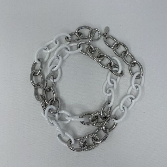 Ann Taylor Large Chain Necklace White Silver Tone Rhinestones 35" Toggle Clasp - Picture 6 of 6